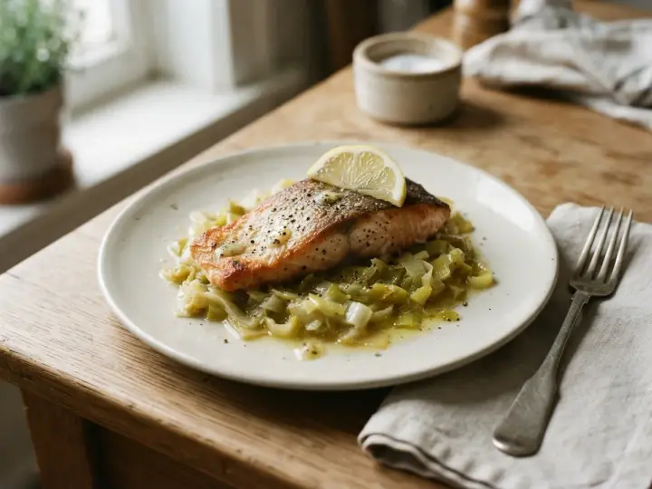 Pan-Seared Arctic Char with Melted Leeks and Lemon